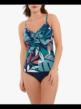 Christina Blue Tropical Print Tankini Swim Top Bust Enhancer NWT Size 12